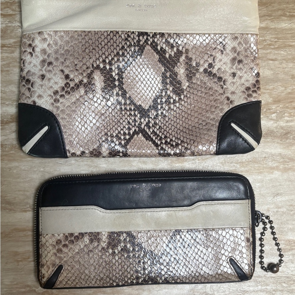 Rag & Bone Snakeskin Leather Clutch + Wallet Set Beige Black